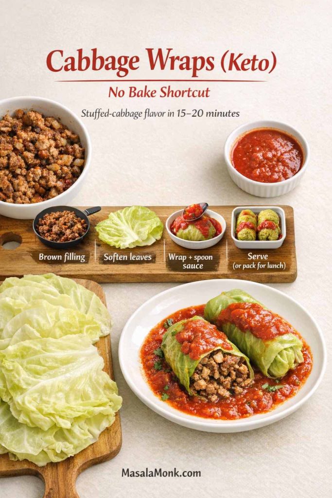 Top-down food graphic titled “Cabbage Wraps (Keto) — No Bake Shortcut.” It shows a plate with two cabbage wraps filled with seasoned ground meat and topped with tomato sauce. On the side are softened cabbage leaves on a board, plus step labels: “Brown filling,” “Soften leaves,” “Wrap + spoon sauce,” and “Serve (or pack for lunch).” MasalaMonk.com appears at the bottom.
