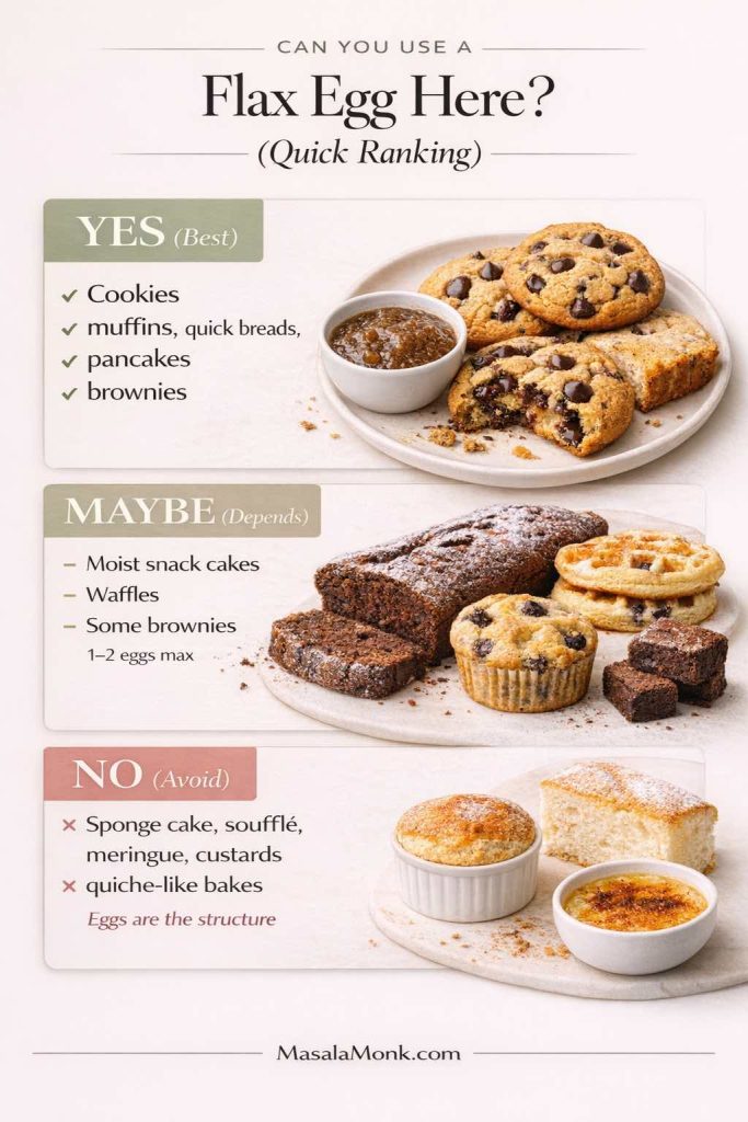 Vertical infographic titled “Can You Use a Flax Egg Here? (Quick Ranking)” with three sections: YES (Best) listing cookies, muffins/quick breads, pancakes, and brownies; MAYBE (Depends) listing moist snack cakes, waffles, and some brownies (1–2 eggs max); and NO (Avoid) listing sponge cake, soufflé, meringue, custards, and quiche-like bakes, noting “eggs are the structure.” Includes photoreal food images for each category and MasalaMonk.com branding.