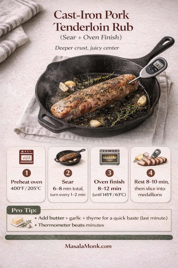 Infographic method card showing how to cook cast iron pork tenderloin by searing on the stove and finishing in the oven to 145°F (63°C), then resting and slicing into medallions.