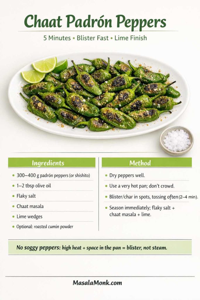 Recipe card for Chaat Padrón Peppers showing blistered padrón (or shishito) peppers on a platter with charred spots, chaat masala dusting, flaky salt, and lime wedges. Includes ingredients, quick high-heat method steps, and a tip to avoid soggy peppers. MasalaMonk.com footer.