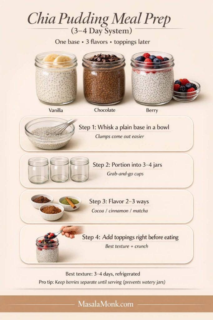Infographic titled “Chia Pudding Meal Prep (3–4 Day System)” showing three jar flavors (vanilla, chocolate, berry) and four steps: whisk a plain base in a bowl, portion into 3–4 jars, flavor 2–3 ways (cocoa/cinnamon/matcha), and add toppings right before eating for best texture and crunch. Includes storage note “Best texture: 3–4 days, refrigerated” and tip to keep berries separate until serving, with MasalaMonk.com in the footer.