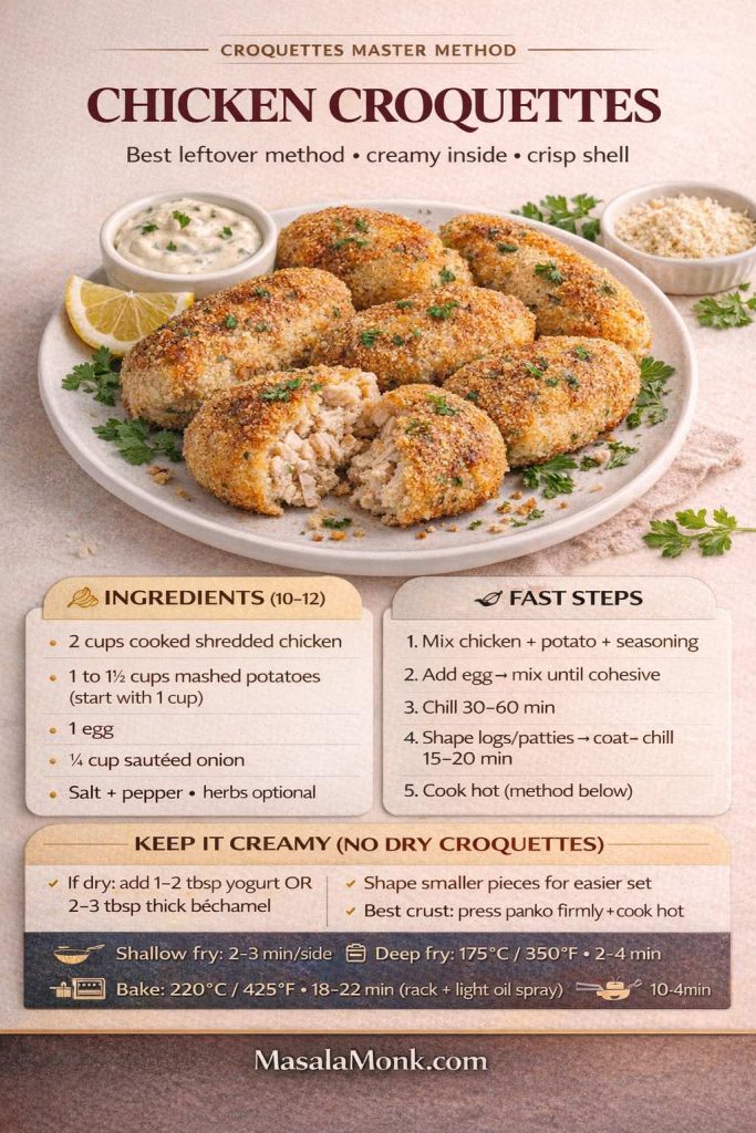 Chicken croquettes are the best leftover upgrade: mix shredded chicken with mashed potatoes and egg, chill so they hold shape, then choose your cook method—shallow fry for crisp edges, deep fry for fastest crunch, or bake/air fry for a lighter batch. Use this card as your quick reference when you reach the chicken/turkey croquettes section, especially if your mixture feels dry or you want that creamy center every time.
