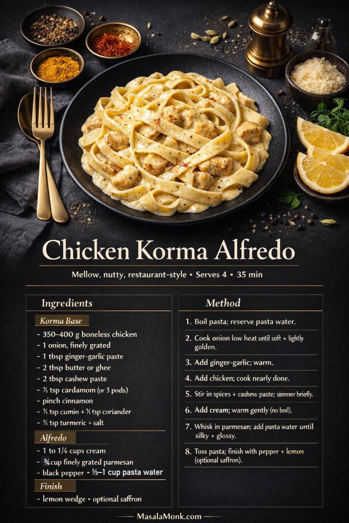 Dark luxe recipe card for Chicken Korma Alfredo pasta showing creamy pale-gold Alfredo with juicy chicken, plus ingredients for a korma-style base (onion, ginger-garlic, cashew paste, warm spices) and a step-by-step method to keep the sauce silky using low heat and pasta water, finished with lemon and optional saffron.