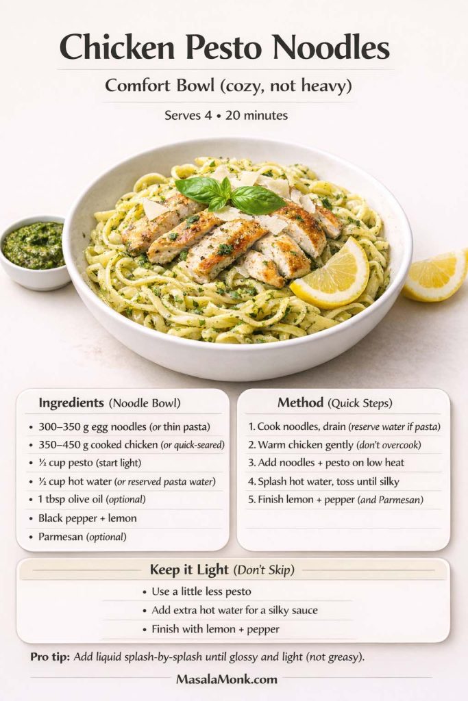 Recipe card for “Chicken Pesto Noodles — Comfort Bowl (cozy, not heavy)” showing a bowl of pesto-coated egg noodles topped with sliced chicken, basil, Parmesan, and lemon wedges, plus ingredients and quick steps to warm chicken gently, add pesto on low heat, and splash hot water or reserved pasta water until the noodles turn silky, then finish with lemon and black pepper.