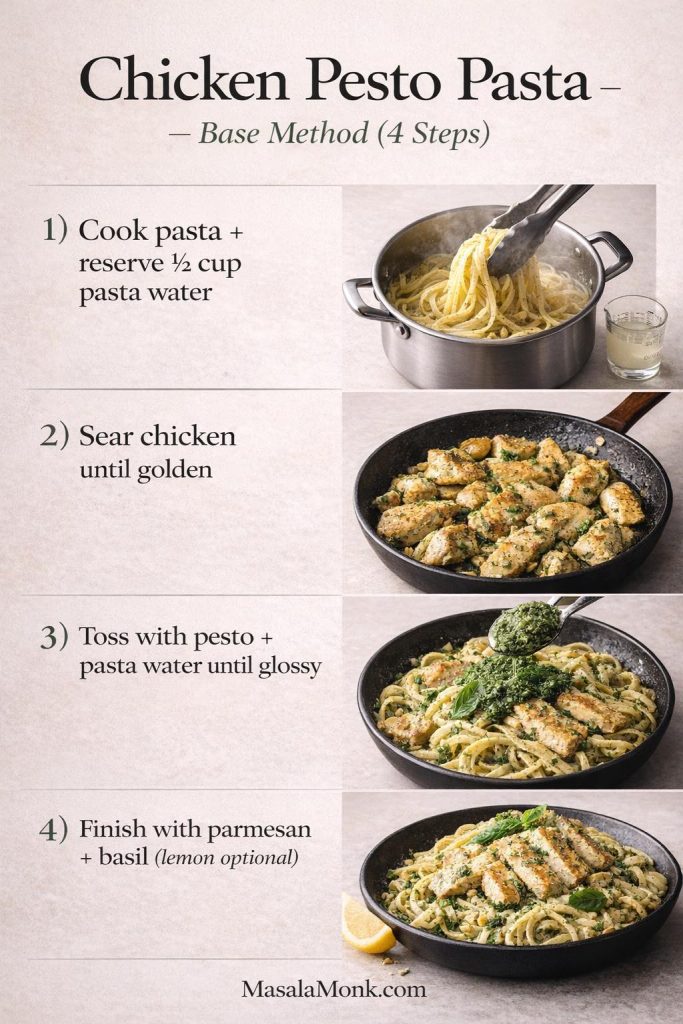 Four-step Chicken Pesto Pasta base method infographic showing: cook pasta and reserve pasta water, sear chicken until golden, toss pasta with pesto and pasta water until glossy, then finish with parmesan and basil; MasalaMonk.com footer.