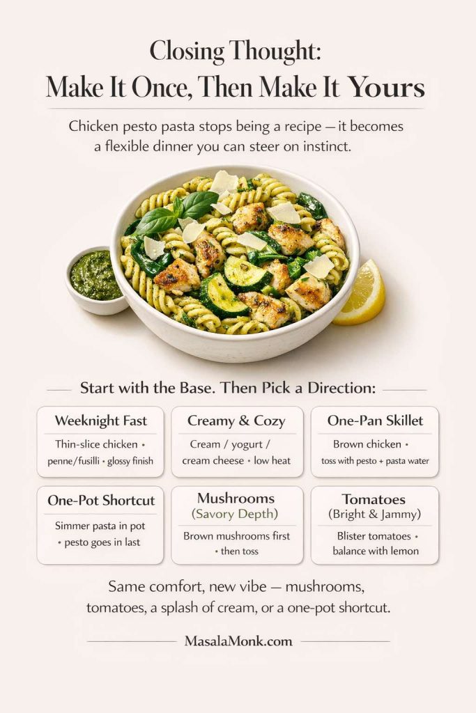 Closing summary infographic titled “Closing Thought: Make It Once, Then Make It Yours” showing a bowl of chicken pesto pasta and a “pick a direction” grid with six variations: Weeknight Fast, Creamy & Cozy, One-Pan Skillet, One-Pot Shortcut, Mushrooms (Savory Depth), and Tomatoes (Bright & Jammy). Includes a closing line about choosing mushrooms, tomatoes, a splash of cream, or a one-pot shortcut, with MasalaMonk.com at the bottom.