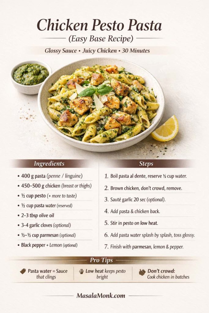 Chicken pesto pasta recipe card showing a bowl of pesto-coated penne with browned chicken, pesto ramekin, and lemon wedge, plus an ingredient list, step-by-step method, and pro tips for glossy sauce using reserved pasta water and low heat.