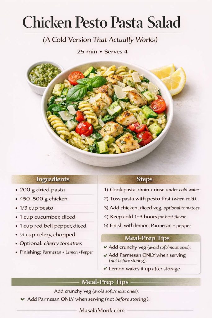 Chicken pesto pasta salad recipe card showing a bowl of cold pesto pasta with grilled chicken pieces, cucumber, cherry tomatoes, basil, Parmesan shavings, a pesto ramekin, and lemon wedges, plus ingredients, step-by-step instructions to rinse pasta and toss with pesto first, and meal-prep tips like using crunchy vegetables and adding Parmesan only when serving.