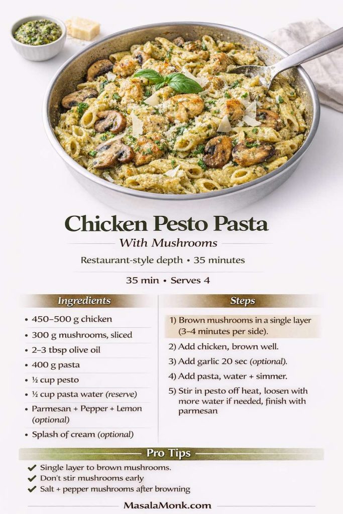 Chicken pesto pasta with mushrooms recipe card showing a skillet of pesto-coated penne with browned chicken, sautéed mushrooms, Parmesan, and basil, plus an ingredient list, step-by-step method, and pro tips to brown mushrooms in a single layer, avoid stirring early, and season after browning.