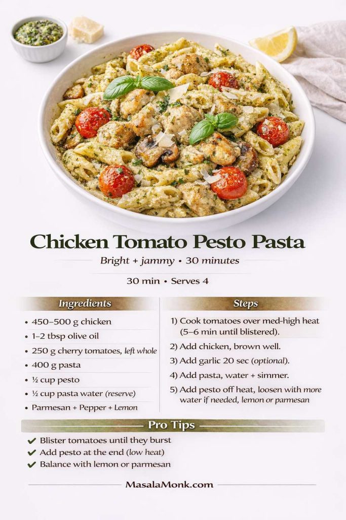 Chicken tomato pesto pasta recipe card showing a bowl of pesto-coated penne with browned chicken and blistered cherry tomatoes, plus a clear ingredient list, step-by-step instructions, and pro tips to blister tomatoes until they burst, add pesto at the end on low heat, and balance the sauce with lemon or Parmesan.