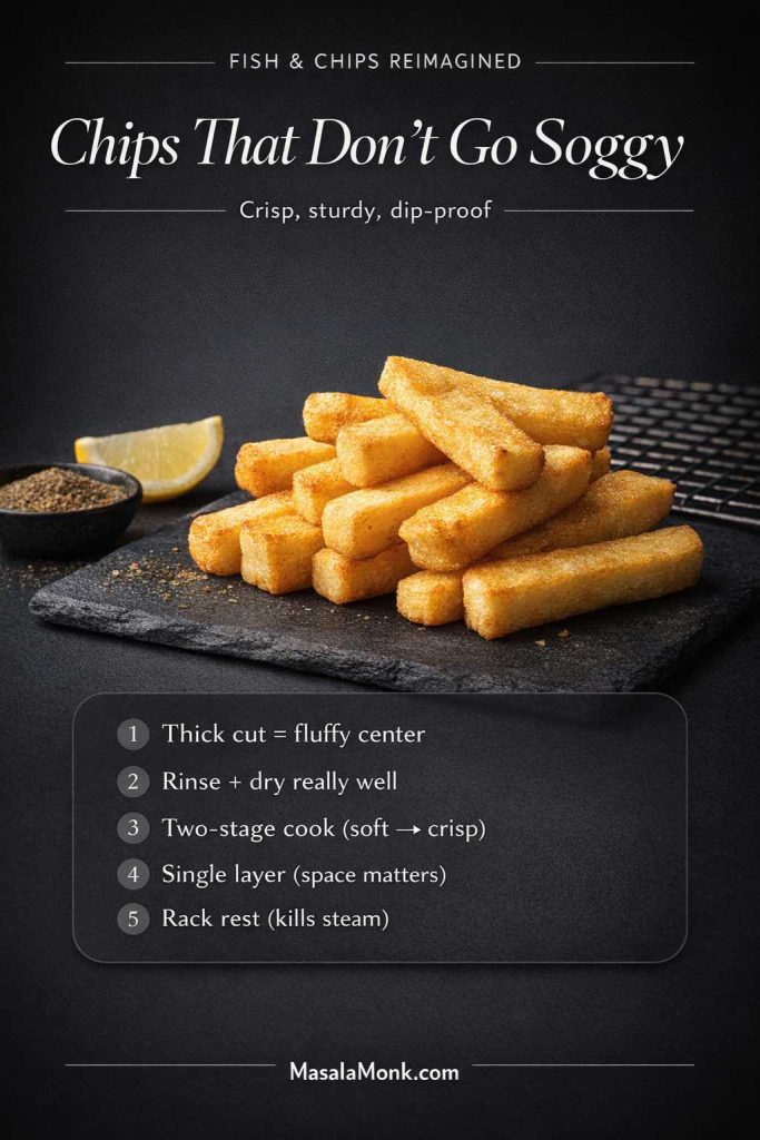 Dark editorial guide card titled “Chips That Don’t Go Soggy” showing thick British-style chips stacked on a slate board with a lemon wedge, a small bowl of seasoning, and a wire rack in the background. Text overlay lists five tips: thick cut fluffy center, rinse and dry well, two-stage cook, single layer, and rack rest to stop steam. Footer reads “MasalaMonk.com.”