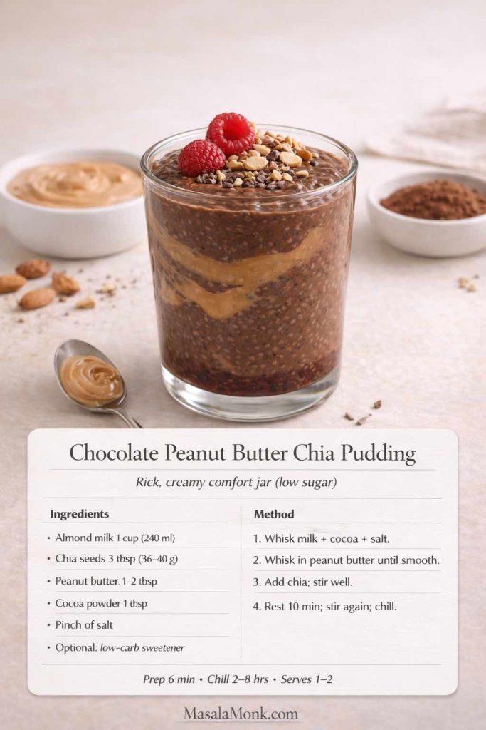 Recipe card image of chocolate peanut butter chia pudding in a clear glass with a peanut butter swirl, topped with raspberries, chopped peanuts, and cacao nibs. The card lists ingredients and steps for a low carb chia pudding made with almond milk, cocoa powder, chia seeds, and peanut butter, including the stir-rest-stir method and chill time, with MasalaMonk.com in the footer.