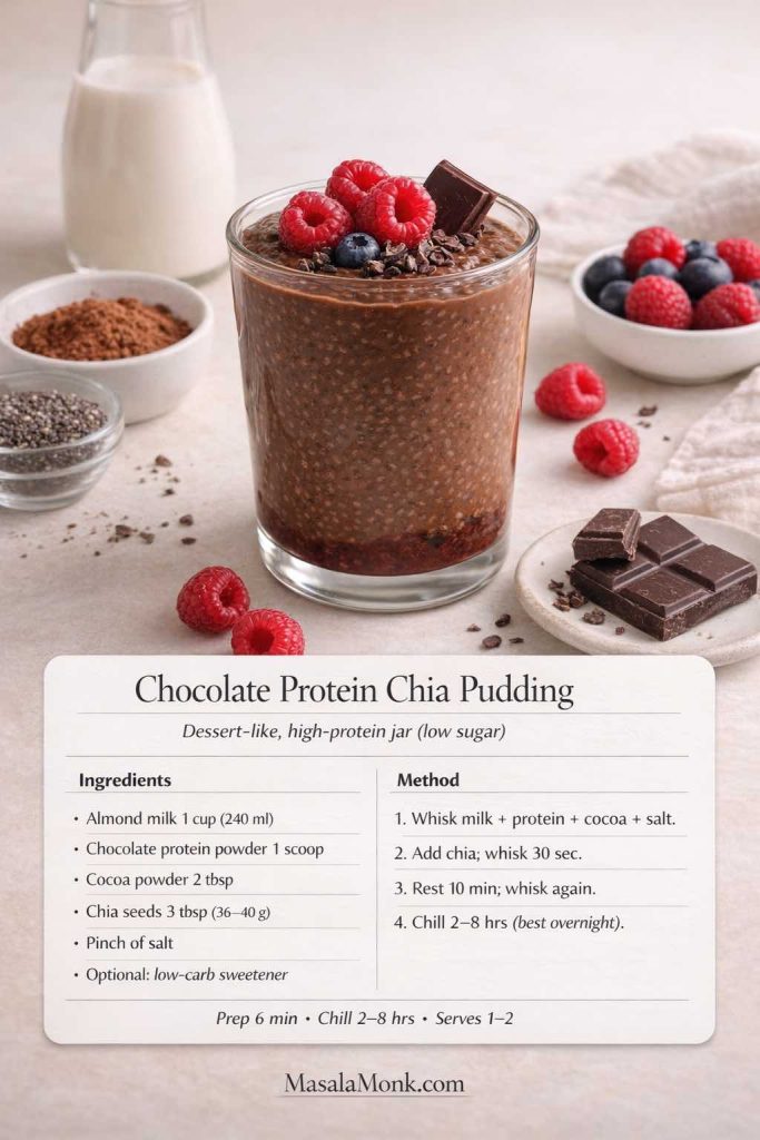 Recipe card image of chocolate protein chia pudding in a clear glass topped with raspberries, cacao nibs, and dark chocolate. The card shows ingredients and steps for a low carb chia pudding made with almond milk, cocoa powder, and chocolate protein powder, including the stir-twice method and chill time, styled as a dessert-like high-protein snack or breakfast.