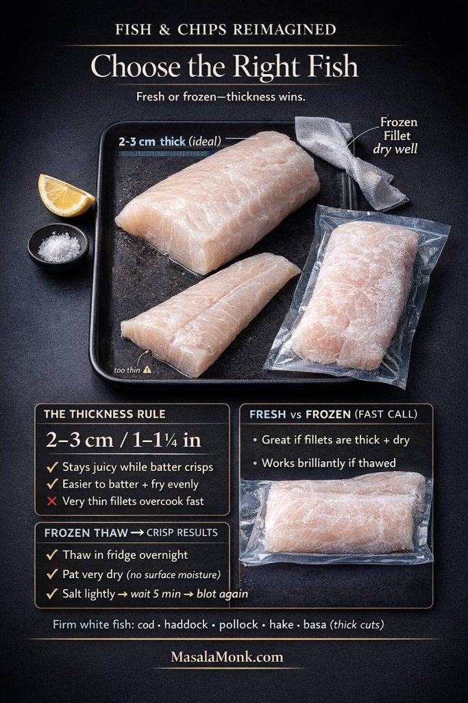 Vertical guide card titled “Choose the Right Fish” on a dark studio background. A black tray shows two raw white fish fillets with a 2–3 cm thickness label and a thinner fillet marked “too thin,” plus a frozen fillet pack and a towel for “dry well.” Panels explain the thickness rule, fresh vs frozen, and thaw-and-blot steps for crisp fish and chips.