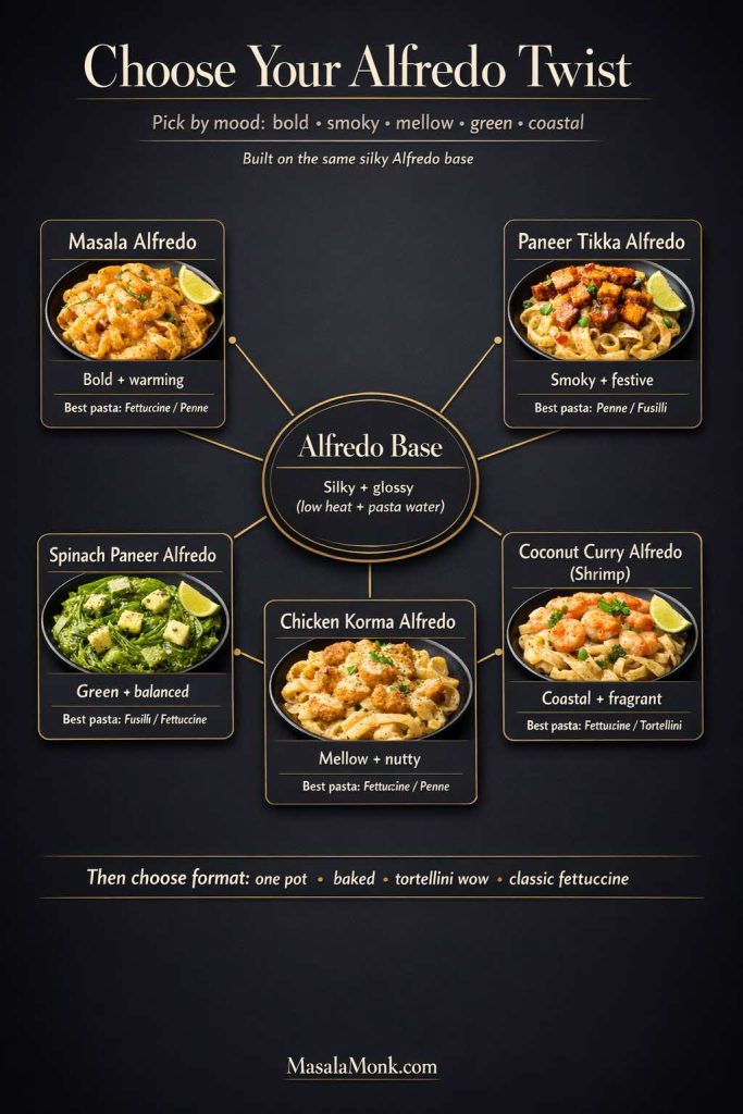 Dark luxe decision-map infographic titled “Choose Your Alfredo Twist” with a central Alfredo Base badge and five connected cards: Masala Alfredo (bold), Paneer Tikka Alfredo (smoky), Chicken Korma Alfredo (mellow), Spinach Paneer Alfredo (green), and Coconut Curry Alfredo with shrimp (coastal), each listing the best pasta shapes; includes a bottom line suggesting formats like one pot, baked, tortellini, or classic fettuccine.