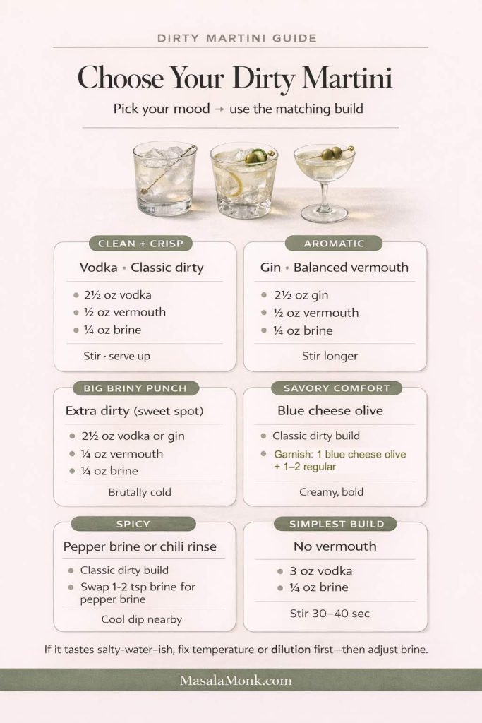 Vertical infographic titled “Choose Your Dirty Martini” on a warm cream background. Top shows three clear martini-style drinks. Six labeled cards guide builds by mood: Clean + Crisp (vodka, classic dirty), Aromatic (gin, balanced vermouth), Big Briny Punch (extra dirty), Savory Comfort (blue cheese olive), Spicy (pepper brine or chili rinse), and Simplest Build (no vermouth). Footer reads MasalaMonk.com.