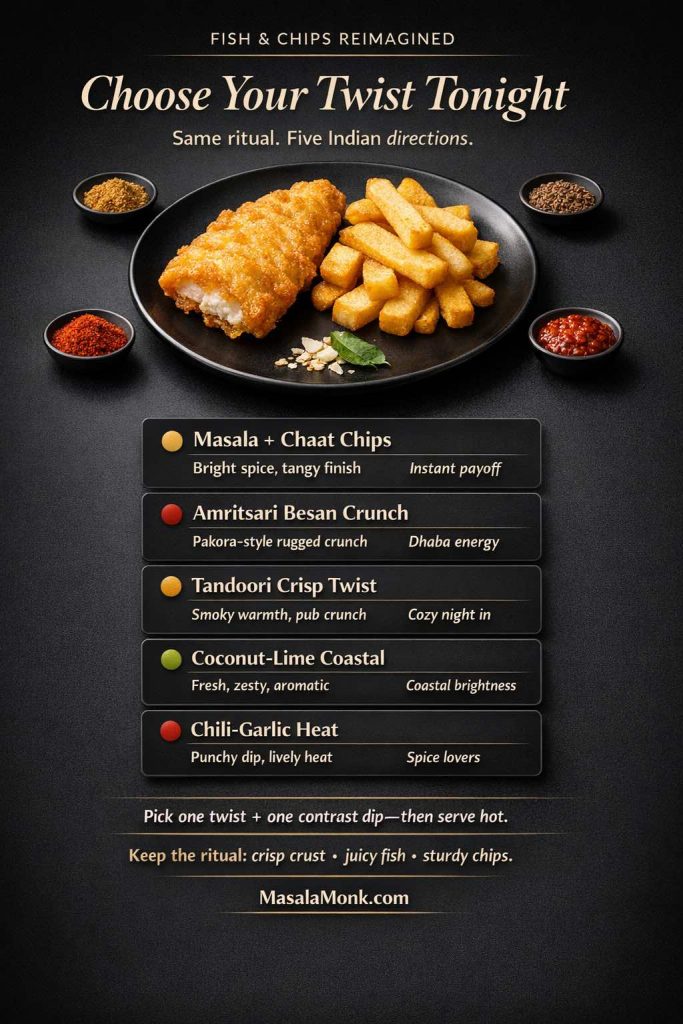 Not sure which Indian fish & chips variation to start with? Save this “twist picker” and choose by mood: Masala + chaat chips for bright tang, Amritsari besan crunch for pakora-style rugged bite, tandoori crisp for smoky warmth, coconut-lime coastal for fresh zing, or chili-garlic thecha for heat that feels alive. Keep the ritual the same—crisp crust, juicy fish, sturdy chips—then let the accents do the work. Use this card as your closing checklist, and come back anytime you want a new direction without changing the method.