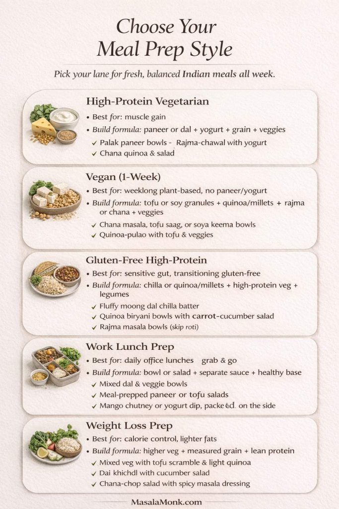Not sure which direction to take this week? Use this “Choose Your Meal Prep Style” guide to pick a lane fast—high-protein vegetarian, vegan, gluten-free, work-lunch friendly, or weight-loss focused—and then build meals with the same simple formula: protein + base + veggies + a flavor boost. It’s designed to stop decision fatigue, keep meals interesting, and make the rest of this post easier to follow—because once you choose the style, you’ll know exactly which recipes, portions, and prep steps to prioritize.