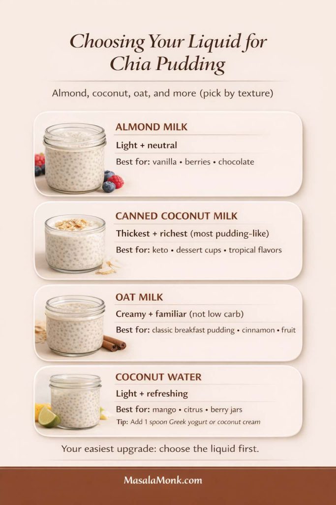 Infographic titled “Choosing Your Liquid for Chia Pudding” showing four options with texture notes and best uses: almond milk (light + neutral), canned coconut milk (thickest + richest), oat milk (creamy + familiar, not low carb), and coconut water (light + refreshing) with a tip to add Greek yogurt or coconut cream. Includes “Your easiest upgrade: choose the liquid first” and MasalaMonk.com in the footer.