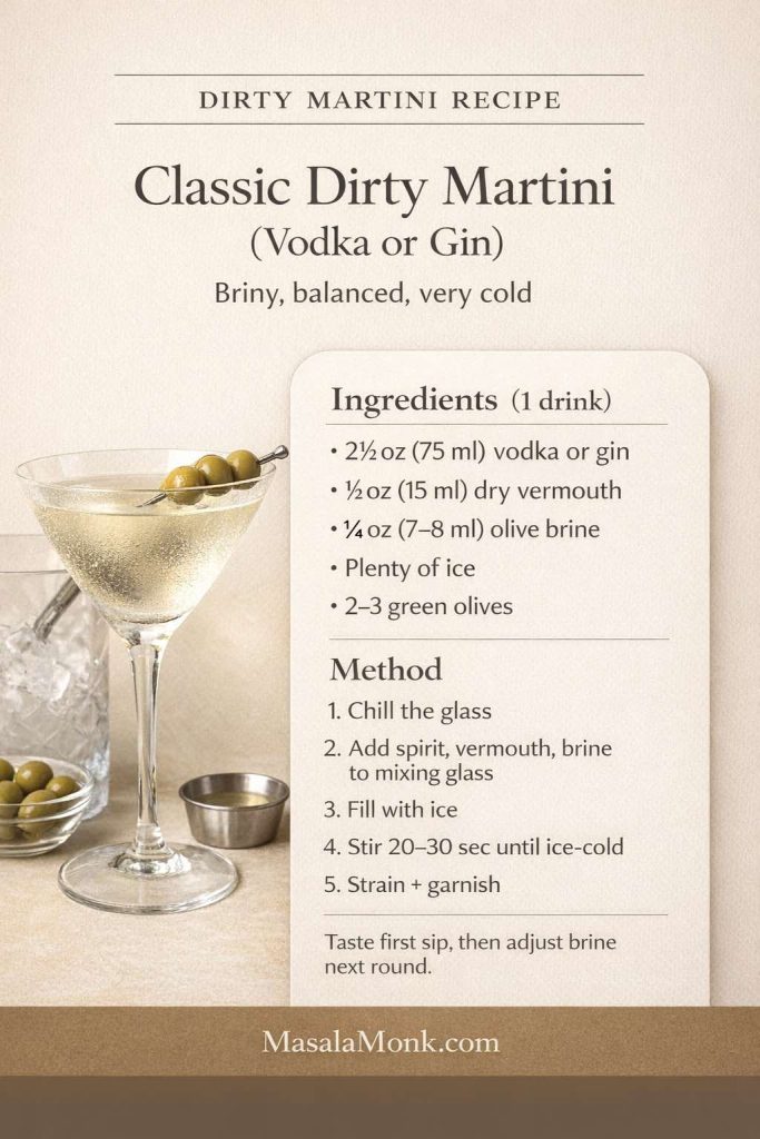 Vertical recipe card titled “Dirty Martini Recipe” and “Classic Dirty Martini (Vodka or Gin)” on a warm-cream background. It shows a chilled dirty martini with green olives plus a bowl of olives and a small cup of olive brine. Text lists ingredients: 2½ oz vodka or gin, ½ oz dry vermouth, ¼ oz olive brine, plenty of ice, 2–3 green olives. Method steps: chill glass, add spirit/vermouth/brine, fill with ice, stir 20–30 sec, strain and garnish. Footer: MasalaMonk.com.