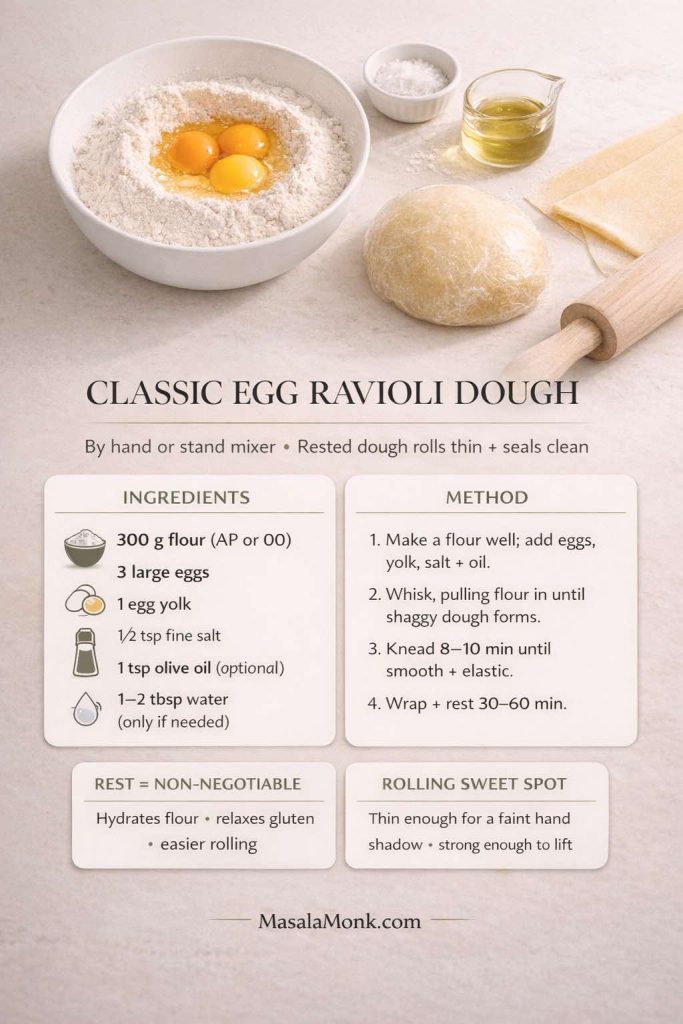 Classic egg ravioli dough, made simple: flour + eggs + a proper rest gives you a smooth dough that rolls thin and seals clean—whether you knead by hand or use a stand mixer. Use this card as your quick reference, then scroll up in the post for sealing tips (so your ravioli stays intact) and the cook-time guides (fresh/frozen/refrigerated) to finish it like a restaurant plate.