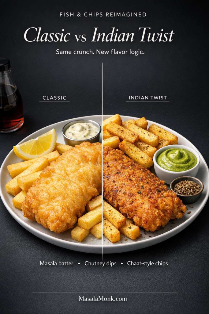 Dark editorial comparison card titled “Classic vs Indian Twist” showing a split plate of fish and chips. Left side labeled Classic: plain battered fish, thick chips, lemon wedge, and a pale tartar-style dip. Right side labeled Indian Twist: masala-speckled crispy fish, chaat-dusted thick chips, green chutney dip, and a small bowl of spices. Text reads “Same crunch. New flavor logic.” Footer: MasalaMonk.com.