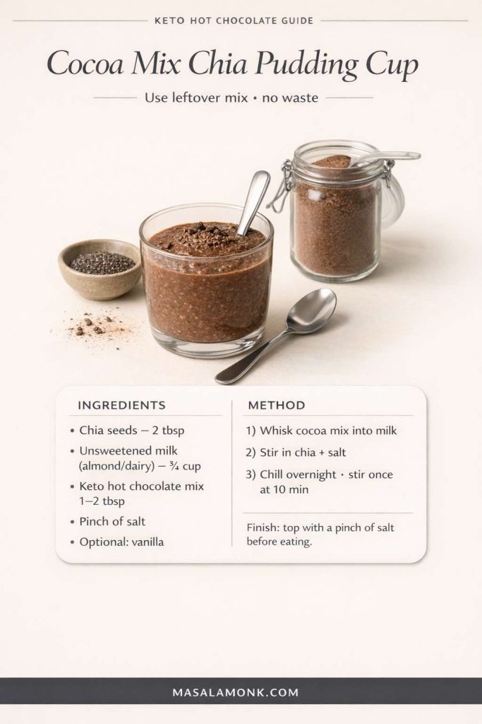 Recipe card for “Cocoa Mix Chia Pudding Cup” showing a glass of chocolate chia pudding made with keto hot chocolate mix, chia seeds, and unsweetened milk, with steps to whisk, stir, chill overnight, and finish with a pinch of salt.