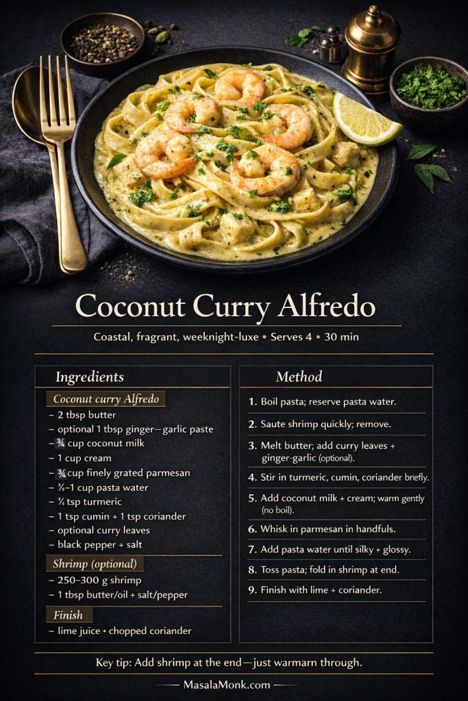 Dark luxe recipe card for Coconut Curry Alfredo pasta with shrimp, showing creamy coconut-cream Alfredo with curry spices, lime, and coriander, plus ingredients and step-by-step method for keeping the sauce silky using low heat and pasta water and adding shrimp at the end to prevent overcooking.