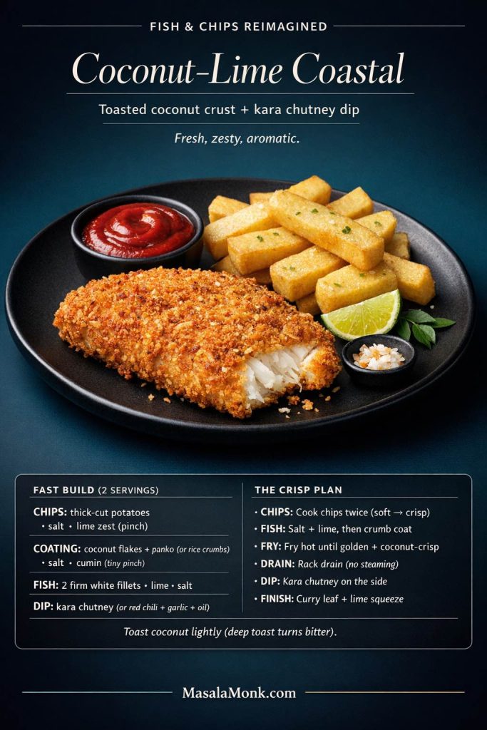 Coconut-Lime Coastal Fish & Chips = the crispiest “coastal” twist: toasted coconut crust, thick-cut chips, and a punchy kara chutney dip with a bright lime finish. This card is your quick build + crisp plan so you can nail the crunch without guessing (and keep the chutney on the side so the crust stays crackly). Save it for your next fish night, then head to MasalaMonk.com for the full Fish & Chips Reimagined post with all 5 Indian twists, dip ideas, and step-by-step timings. Pin it, share it, and tell me which dip you’d pair first.
