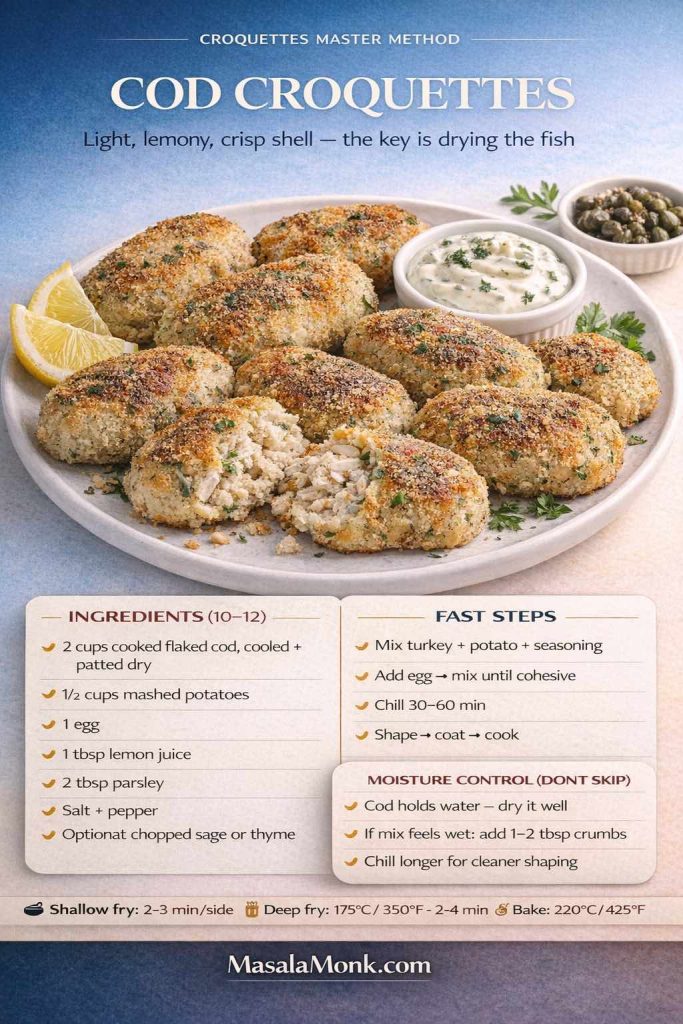 Cod croquettes recipe card showing crispy cod patties with lemon wedges and dipping sauce, plus ingredients, fast steps, and moisture-control tips to pat cod dry, chill the mix, and keep croquettes from falling apart.
