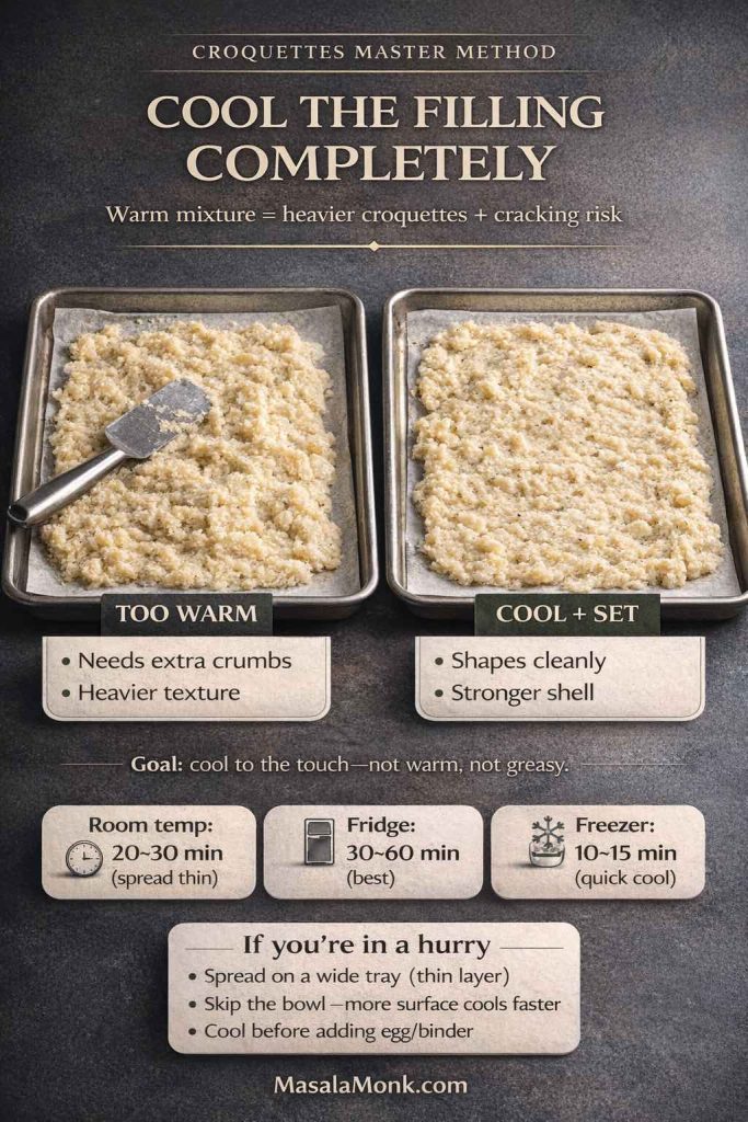 Croquettes filling spread on two trays showing why the mixture must cool completely before shaping and breading croquettes. Left tray is too warm and needs extra crumbs; right tray is cool and sets firm for a stronger shell. Includes cooling options: room temp, fridge, quick-freeze, with MasalaMonk.com.