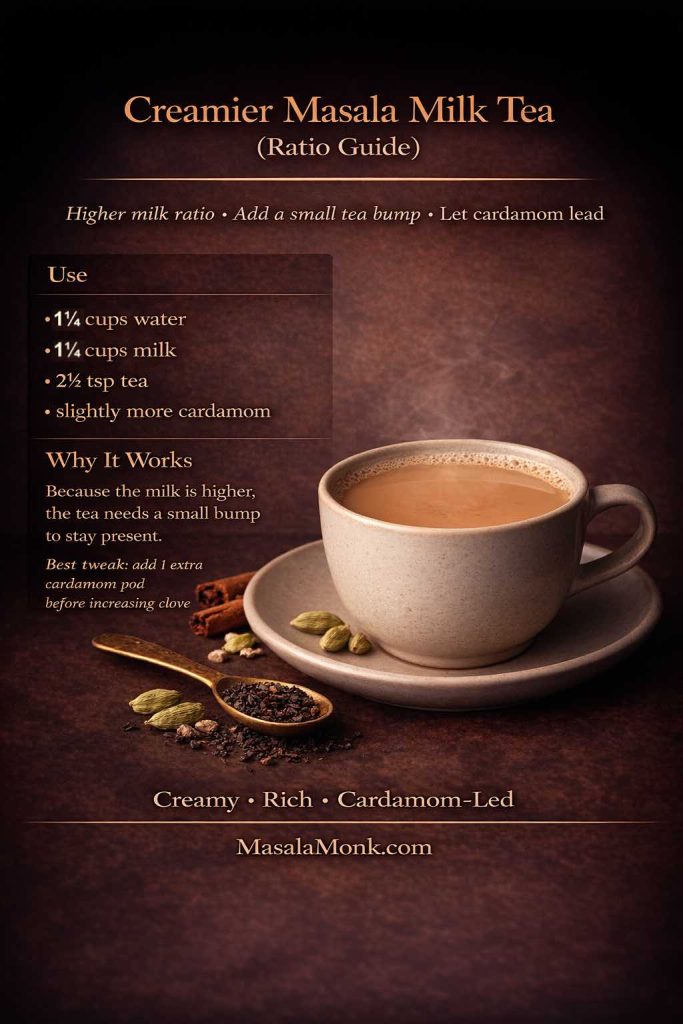Creamier masala milk tea ratio guide card in a dark luxe style showing a steaming cup of chai with cardamom, cinnamon, and tea leaves, plus a ratio panel and “why it works” note for making a richer, cardamom-led masala chai.