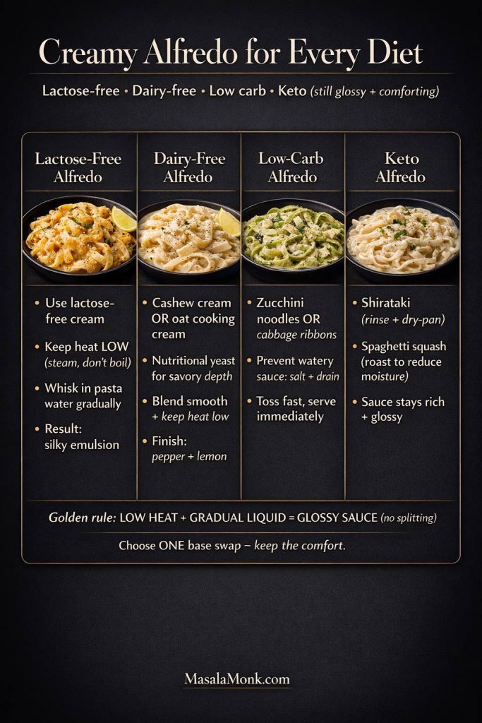 Dark infographic titled “Creamy Alfredo for Every Diet” showing four Alfredo options: lactose-free Alfredo (lactose-free cream, low heat, pasta water), dairy-free Alfredo (cashew or oat cooking cream with nutritional yeast), low carb Alfredo (zucchini noodles or cabbage ribbons with salt-and-drain tip), and keto Alfredo (shirataki noodles rinsed and dry-panned or roasted spaghetti squash), with a golden rule about low heat and gradual liquid for a glossy sauce.