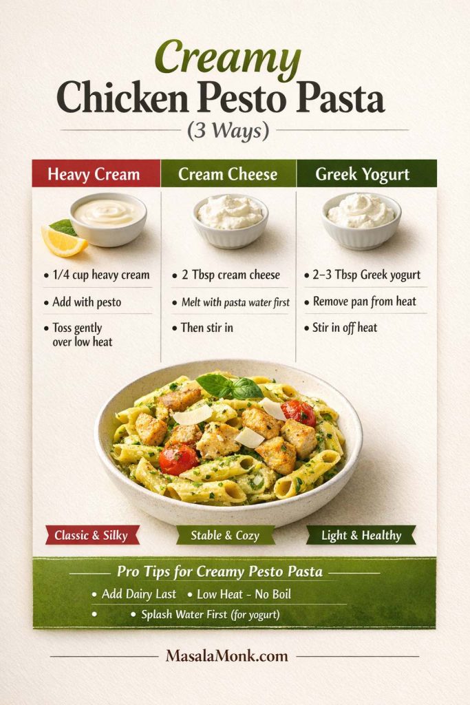 Creamy chicken pesto pasta infographic comparing 3 methods—heavy cream, cream cheese, and Greek yogurt—with amounts, when to add each one, and tips to prevent splitting, plus a bowl of pesto chicken pasta and “low heat, no boil” guidance.