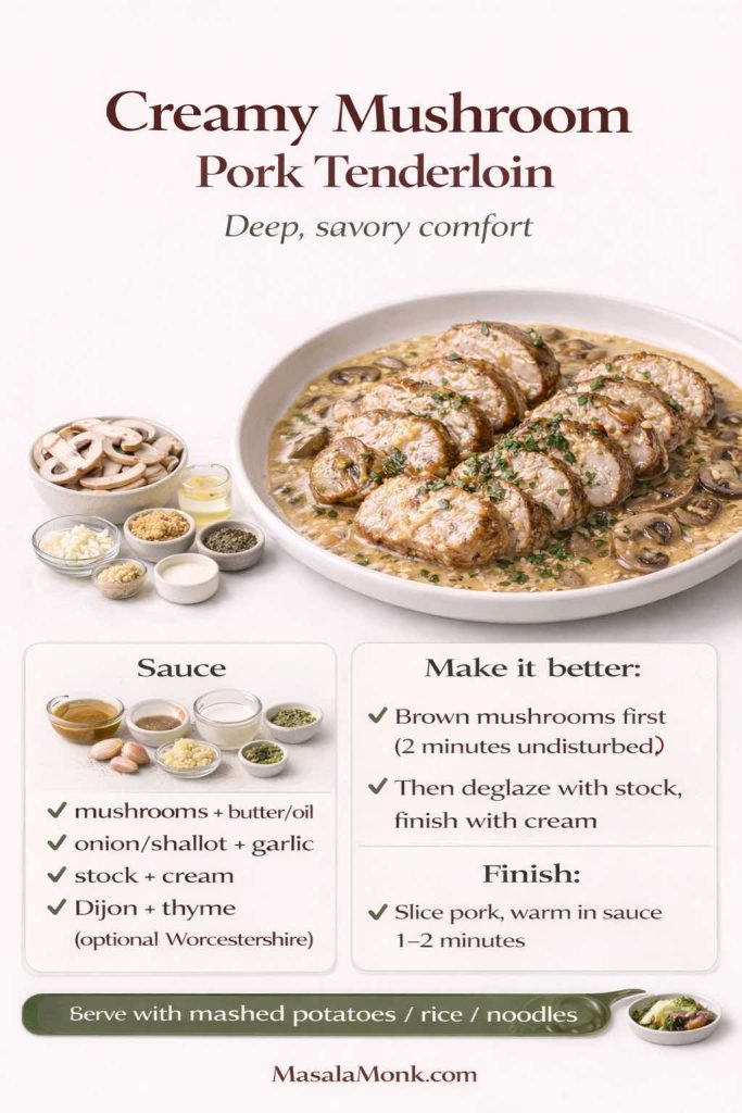 Creamy mushroom pork tenderloin recipe card with sliced pork medallions in mushroom cream sauce, plus key steps to brown mushrooms first, deglaze with stock, and finish with cream.