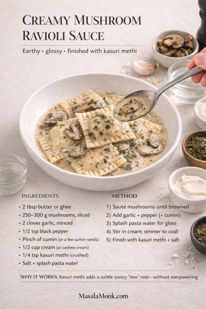 Creamy mushroom ravioli sauce, upgraded the MasalaMonk way: brown the mushrooms first, deglaze with a splash of pasta water for gloss, then simmer with cream (or cashew cream) until it coats the spoon. The quiet finisher is kasuri methi—it adds a deep, savory “new” note that makes mushroom or cheese ravioli taste restaurant-level without shouting “spice.” Save this card for weeknights.