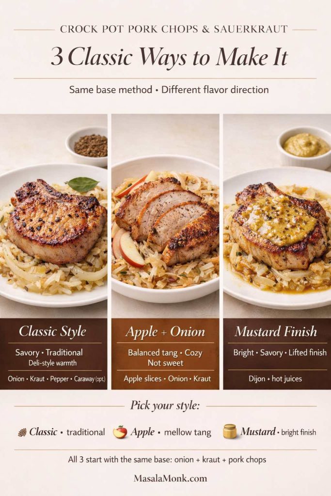 Not sure which flavor direction to choose? This quick visual guide shows 3 classic ways to make crock pot pork chops and sauerkraut: a traditional deli-style version, an apple + onion version for a softer tang, and a mustard finish for a brighter savory finish. All three use the same base method, so you can pick the version that fits your mood (or what you have on hand). Save this card before you cook, and pin it for later so you can try all three.