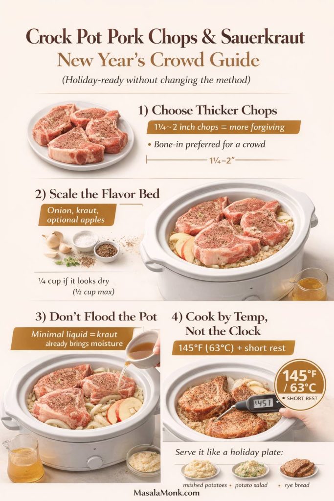Infographic titled “Crock Pot Pork Chops & Sauerkraut New Year’s Crowd Guide” showing tips for scaling the recipe for a holiday meal: choose thicker bone-in chops, layer onions and sauerkraut (with optional apples), keep liquid minimal, cook by temperature not time, and finish pork at 145°F (63°C) with a short rest. Includes serving ideas like mashed potatoes, potato salad, and rye bread.