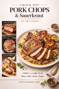 Magazine-style cover image for crock pot pork chops and sauerkraut: two bone-in pork chops on a bed of sauerkraut and onions, one sliced to show juicy interior, with a left filmstrip showing “Juicy at 145°F,” crock pot layering (onion → kraut → chops), and a fork bite. Includes a tangy-to-mild dial note: “Rinse = mild • Brine = tangy,” and MasalaMonk.com branding.