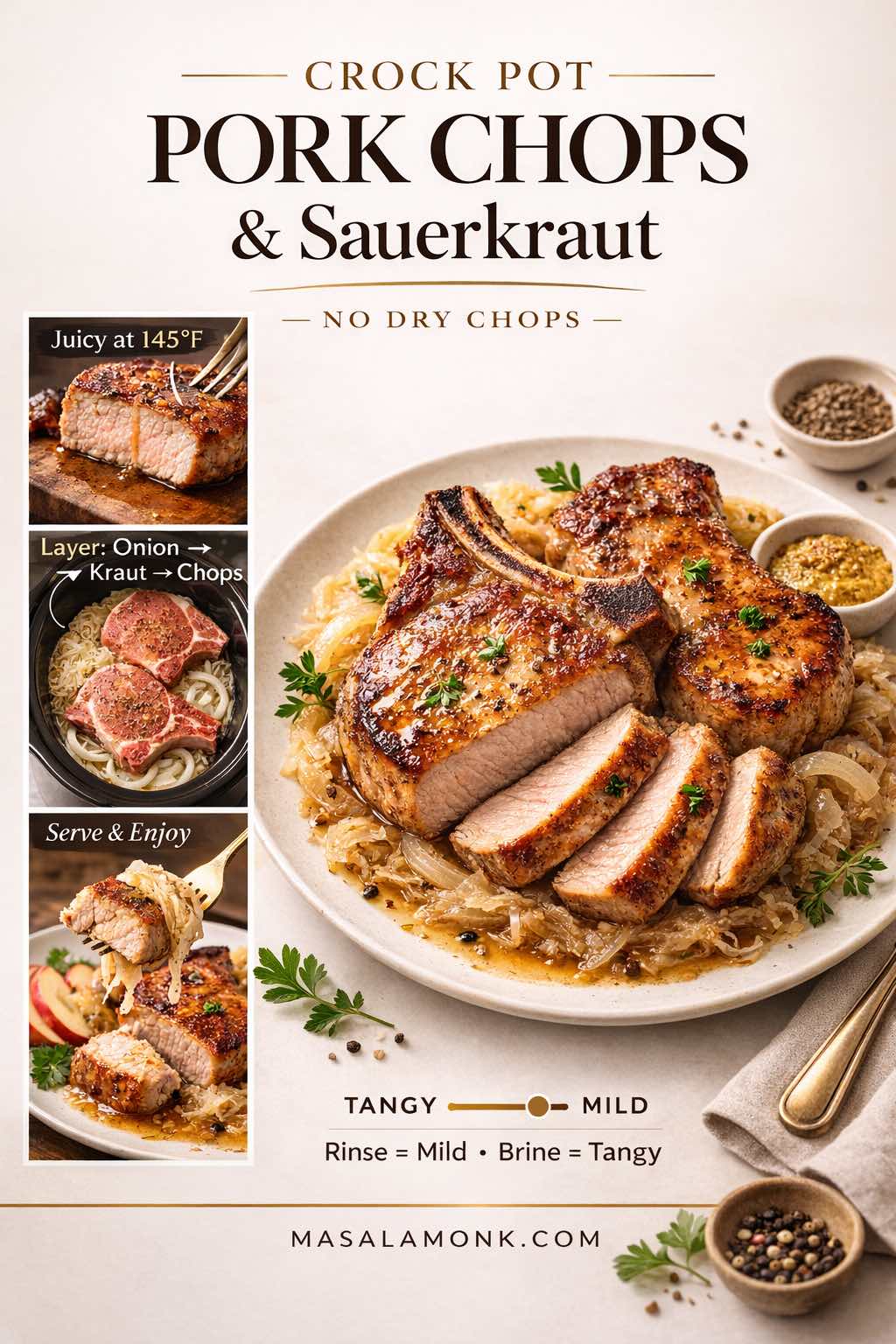 Magazine-style cover image for crock pot pork chops and sauerkraut: two bone-in pork chops on a bed of sauerkraut and onions, one sliced to show juicy interior, with a left filmstrip showing “Juicy at 145°F,” crock pot layering (onion → kraut → chops), and a fork bite. Includes a tangy-to-mild dial note: “Rinse = mild • Brine = tangy,” and MasalaMonk.com branding.