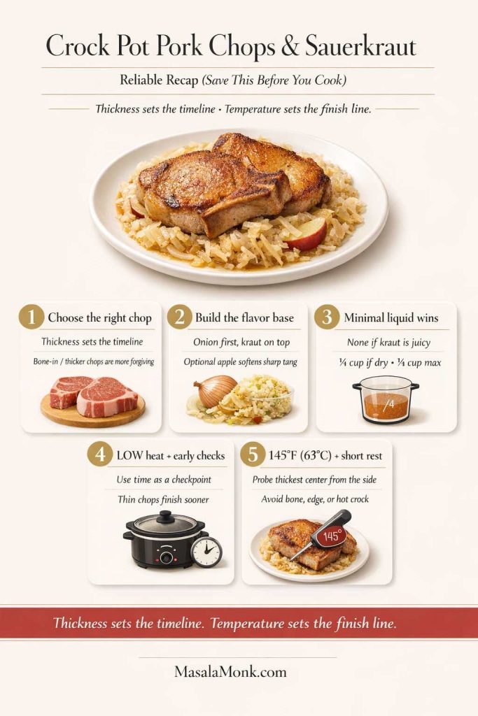 Closing recap infographic for crock pot pork chops and sauerkraut showing a plated pork chop and kraut dish plus 5 key steps: choose thicker chops, build onion and sauerkraut base, use minimal liquid, cook on LOW and check early, and finish at 145°F (63°C) with a short rest.