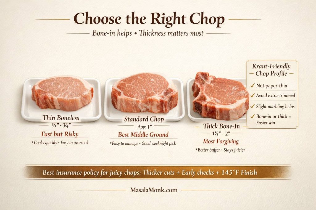 Buyer guide infographic for crock pot pork chops and sauerkraut showing three pork chop options—thin boneless, standard chop, and thick bone-in—with notes on which cuts are most forgiving, plus a kraut-friendly chop checklist and a tip to use thicker cuts, early checks, and a 145°F finish for juicy pork chops.