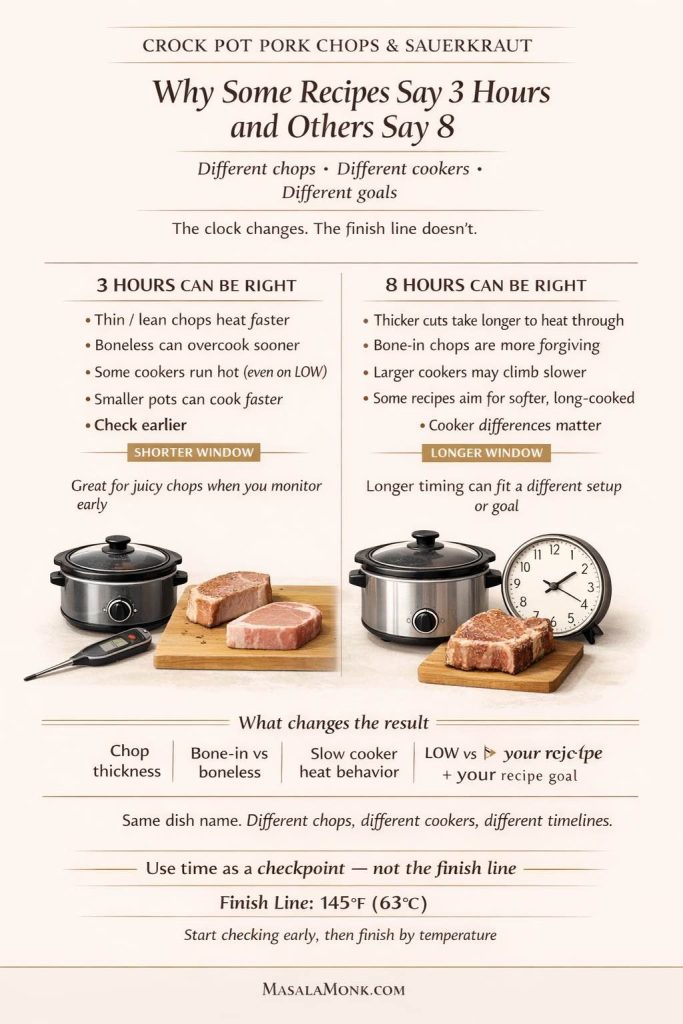 Infographic for crock pot pork chops and sauerkraut explaining why some recipes say 3 hours and others say 8 hours. The card compares thin lean chops vs thicker bone-in chops, smaller vs larger slow cookers, and different recipe goals, then reinforces that time is a checkpoint and the finish line is 145°F (63°C).