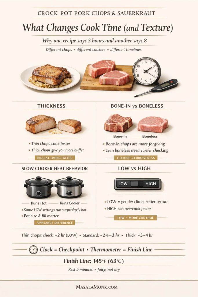 Why do some crock pot pork chops and sauerkraut recipes say 3 hours while others say 8? This visual breaks down the real factors: chop thickness, bone-in vs boneless cuts, slow cooker heat differences, and why LOW gives better control. Use the clock as a checkpoint, then finish by internal temperature (145°F / 63°C) for juicy pork chops instead of dry ones. Save this guide, pin it for later, and click through to the full MasalaMonk recipe for the complete step-by-step method, timing checkpoints, and doneness tips.
