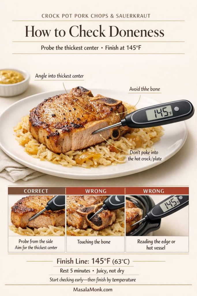 How to check doneness for crock pot pork chops and sauerkraut using an instant-read thermometer. The graphic shows the correct way to probe a pork chop from the side into the thickest center, plus two common mistakes to avoid: touching the bone and reading near the edge or hot crock. It highlights the safe finish line of 145°F (63°C) with a short rest for juicy pork chops.