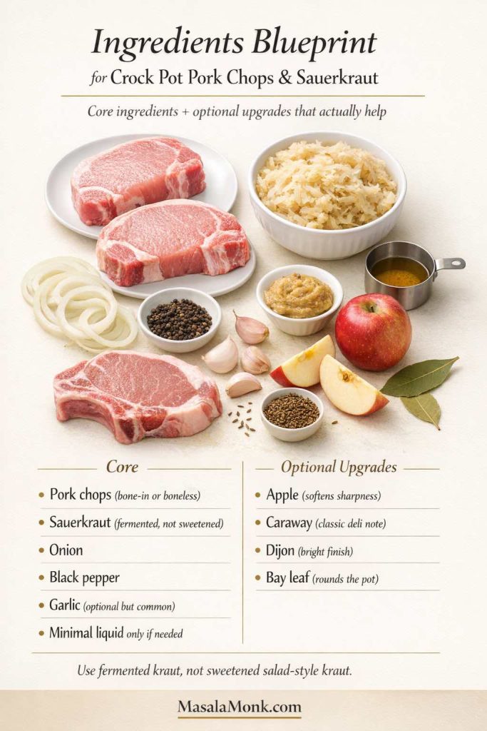 Ingredients blueprint infographic for crock pot pork chops and sauerkraut showing the core ingredients and optional upgrades, including pork chops, sauerkraut, onion, black pepper, garlic, apple, caraway, Dijon mustard, bay leaf, and a note to use fermented kraut instead of sweetened salad-style kraut.