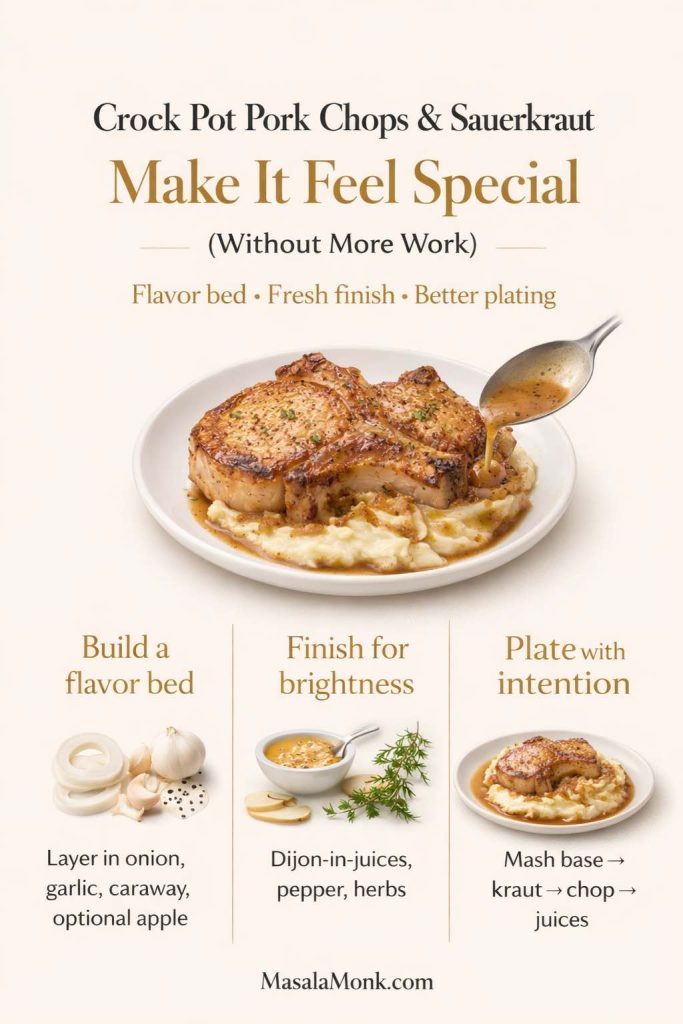 Infographic for crock pot pork chops and sauerkraut showing how to make the meal feel special without extra work: build a flavor bed with onion, garlic, caraway, and optional apple, finish with Dijon and herbs, and plate with mashed potatoes, sauerkraut, pork chops, and pan juices.