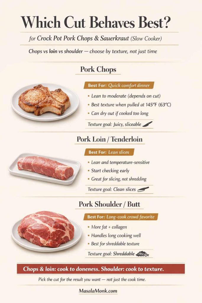 Cut comparison infographic for crock pot pork chops and sauerkraut showing how pork chops, pork loin or tenderloin, and pork shoulder or butt behave differently in a slow cooker. The guide explains which cuts are best for juicy slices vs shreddable texture and emphasizes that chops and loin should be cooked to doneness while shoulder is cooked to texture.