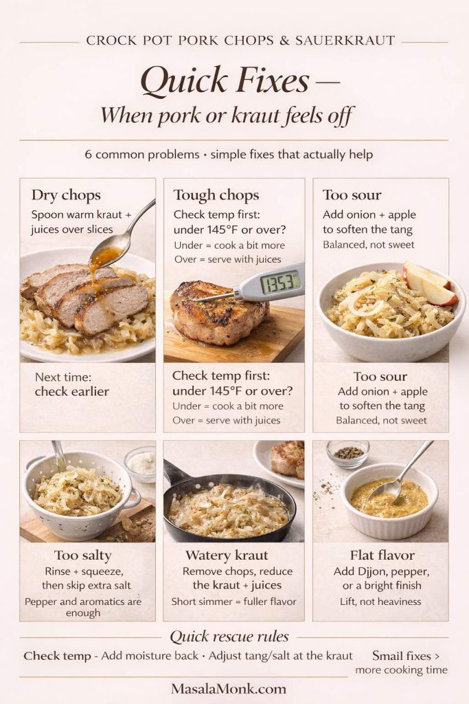 Troubleshooting infographic for crock pot pork chops and sauerkraut showing quick fixes for dry chops, tough chops, sour kraut, salty kraut, watery kraut, and flat flavor, with simple rescue tips like checking temperature, adding juices, rinsing sauerkraut, reducing liquid, and finishing with Dijon or pepper.