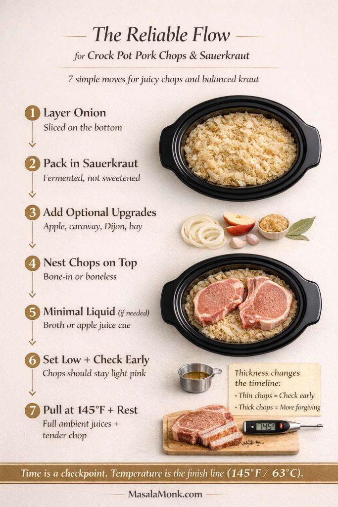 Step-by-step infographic for crock pot pork chops and sauerkraut showing the reliable cooking flow: onion on the bottom, sauerkraut on top, optional apple and seasonings, pork chops placed on top, minimal liquid, cook on LOW and check early, then pull at 145°F (63°C) and rest. Includes a thickness timing reminder and thermometer finish-line note.
